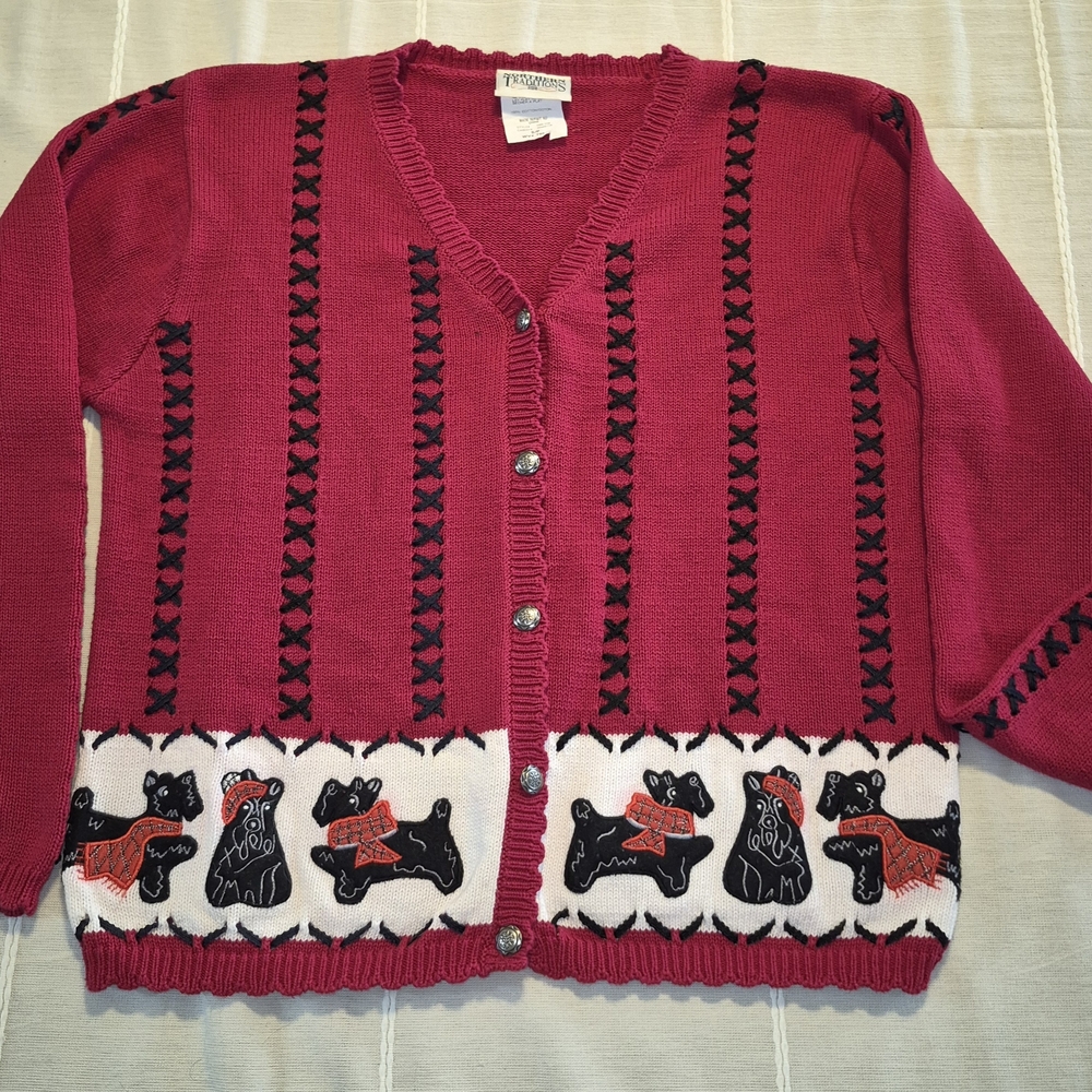 Charming Red Cardigan with Dog Pattern
